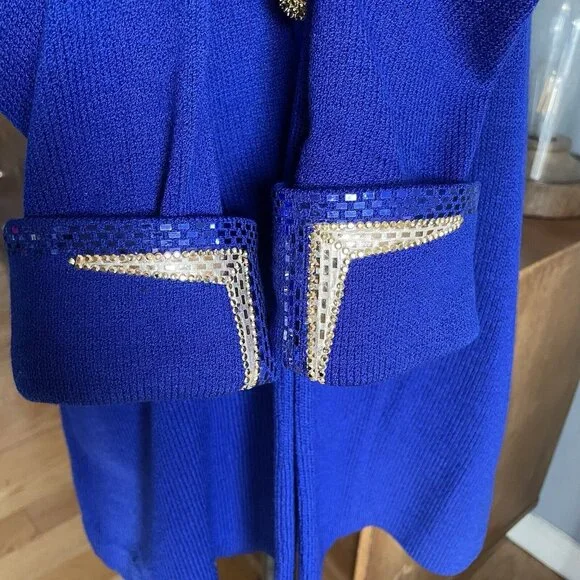ST JOHN Evening Size 8 Royal Blue Santana Knit Blazer Jacket Removable Collar - Picture 9 of 11